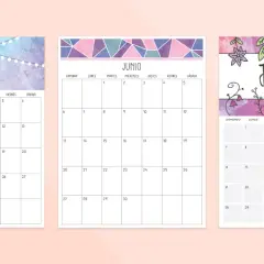 Tres calendarios del mes de junio con decoraciones: luces de feria, formas geométricas y flores.