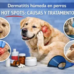 Golden retriever con dermatitis húmeda en perros. Muestra causas como pulgas y tratamiento con medicamentos.