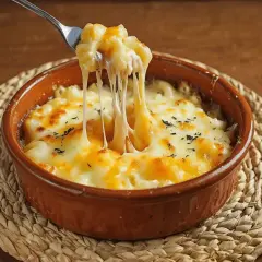 Un tenedor levanta pasta con queso fundido, mostrando un delicioso provolone al horno con hierbas espolvoreadas.