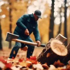 Un homme coupe du bois de chauffage en automne. Les feuilles tombées jonchent le sol.