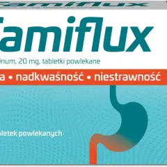 Opakowanie leku Famiflux, zawierające 20 tabletek powlekanych, pomaga na zgagę, nadkwaśność i niestrawność.