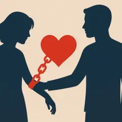 Silhouette di coppia legate da una catena a forma di cuore, simbolo di dipendenza affettiva.