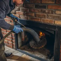 Un ramoneur utilise une brosse et un flexible pour comment ramoner un conduit de cheminée par le bas.