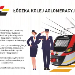 Z okazji Dnia Kolejarza życzenia dla pracowników ŁKA. Dwa uśmiechnięte postacie w strojach kolejarskich i nowoczesny pociąg.