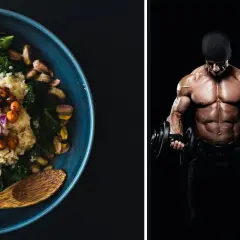 Gesunder veganer Muskelaufbau: Quinoa-Bowl mit Kichererbsen und Avocado neben einem Mann, der mit Hanteln trainiert.