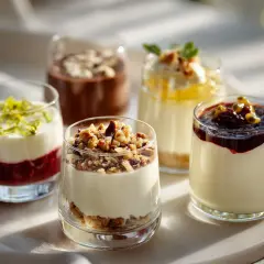 Fem olika dessert i glas, med bär, nötter och frukt. En fest för ögat och gommen.