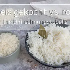 Reis gekocht vs. roh: 100 Gramm ungekochter Reis ergeben etwa 250-300 Gramm gekochten Reis. Hier die Umrechnungstabelle.