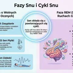 Ilustracja wyjaśnia, jak działają sny, pokazując fazy NREM i REM. Sen składa się z cykli, które trwają ok. 90 minut.