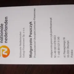 Wizytówka z logo Nationale-Nederlanden i danymi kontaktowymi Małgorzaty Paszczyk.