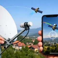 Ustawianie anteny satelitarnej z pomocą telefonu. Aplikacja pokazuje satelitę i kierunek, jak ustawić antenę.