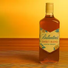 Butelka Ballantine's Sweet Blend Scotch Whisky na drewnianym blacie. Idealna do degustacji, jak pić Ballantines?