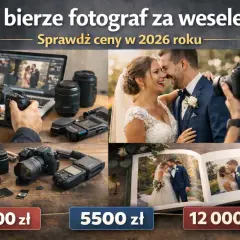 Zdjęcie przedstawia sprzęt fotograficzny, parę młodą i album ślubny z cenami.