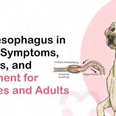 Illustration showing a dog with megaesophagus, a condition causing dilated esophagus and impaired swallowing, leading to regurgitation.
