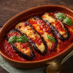 Herzhaftes Parmigiana di Melanzane Rezept: Gebackene Auberginenscheiben mit Tomatensauce und Käse, garniert mit Basilikum.