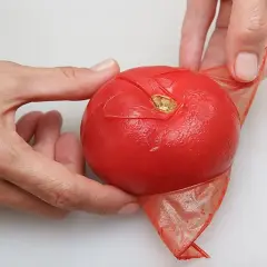 Manos pelando un tomate rojo, mostrando cómo quitar la piel fácilmente.