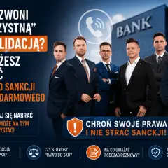 Mężczyźni w garniturach przed bankiem ostrzegają przed pułapką konsolidacji. Zadbaj o swoje konto walutowe, frank szwajcarski i nie trać praw.