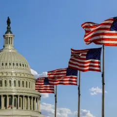 US Capitol dome with multiple American flags waving. This scene evokes patriotism, perhaps a reminder of government contracts and what is fedbizopps.