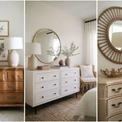 Tips on how to style a dresser top with lamps, art, and decorative objects for a chic bedroom.