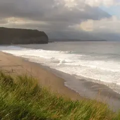 Ein einsamer azoren strand mit sanften Wellen und dramatischen Wolken. Hohes Gras wiegt sich im Wind.