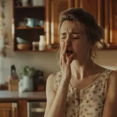 Kobieta w kuchni zamyka oczy, dotykając ust. Czuje gorzki smak w ustach, objaw nerwicy.