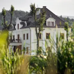 Elegancka restauracja "Kaczka na wodzie" w otoczeniu zieleni, z widokiem na las i wzgórza.