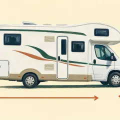 Illustration d'un camping-car blanc avec des bandes vertes et orange. Des flèches indiquent la hauteur et la largeur d'un camping car.