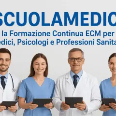 Quattro professionisti sanitari sorridono tenendo tablet. SCUOLAMEDICI offre formazione continua ECM, che significa aggiornamento per medici e psicologi accreditati.