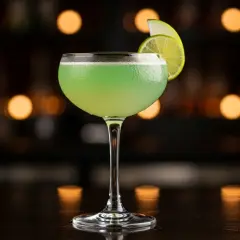 En grön p2 drink i ett coupeglas, garnerad med lime och äpple, står på en mörk bardisk med bokeh-ljus i bakgrunden.