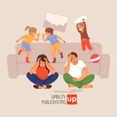 Bambini iperattivi corrono e giocano sul divano, mentre i genitori, esausti, si tengono la testa. Sintomi di iperattività e stress genitoriale.