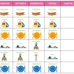 Wochenplan mit Frühstück, Schule, Mittagessen, Hausaufgaben, Sport und Freizeit. Der **Buchstabe der Woche** ist hier visuell dargestellt.
