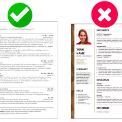 Zielony znacznik wyboru i czerwony znak X na tle dokumentu CV.
