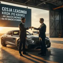 Dwóch mężczyzn w garniturach przekazuje sobie kluczyki od luksusowego auta. Na ekranie widnieje napis "Cesja leasingu krok po kroku".