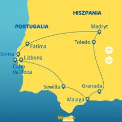 Mapa trasy wycieczki objazdowej po Portugalii i Hiszpanii: Lizbona, Fatima, Sintra, Cabo da Roca, Sewilla, Malaga, Granada, Toledo, Madryt.