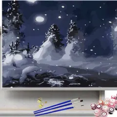 Malarstwo realistyczne pejzaż nocny, zimowy. Śnieg pada, księżyc świeci na ciemnym niebie.