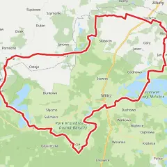 Mapa z zaznaczoną trasą rowerową wokół Stawów Milickich.