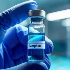 Rękawiczka w niebieskiej rękawiczce trzyma fiolkę z płynem, na której widnieje napis "Morphine".