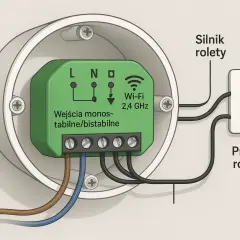 Inteligentny wyłącznik do rolet zewnętrznych zasilany 230V AC, sterowany przez Wi-Fi, podłączony do silnika i przycisków roletowych.
