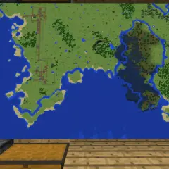 Odkryj, jak zrobic mape w MC! Ta wielka mapa pokazuje kontynenty, oceany i twoje budowle.