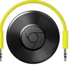 Black Chromecast device with a yellow audio cable. Troubleshooting chromecast no audio issues? This device might be the culprit.