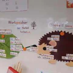 Wortspeicher für ein Herbstgedicht in der Grundschule: Begriffe wie "Herbst", "dichten" und die fünf Sinne werden spielerisch erklärt.