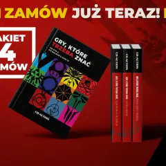 Okładka książki "Gry, które trzeba znać" z ikonami gier i trzy tomy z serii CD-Action.