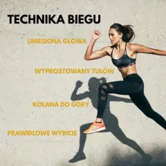 Kobieta demonstruje prawidłową technikę biegu: uniesiona głowa, wyprostowany tułów, kolana do góry, prawidłowe wybicie.