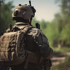 Soldado con casco y equipo táctico, incluyendo mochilas tácticas, camina por un sendero boscoso.