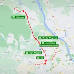 Mapa przedstawia trasę S7 Warszawa - Gdańsk, zaznaczoną na czerwono, z kluczowymi punktami jak Gdańsk, Kolejowa, Wólka Węglowa i Gen. Maczka.