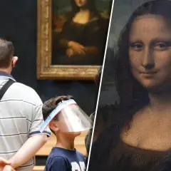 Besucher im Louvre betrachten die Mona Lisa. Wer war Mona Lisa? Das berühmte Gemälde von Leonardo da Vinci fasziniert seit Jahrhunderten.
