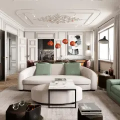 Eleganckie wnętrza modern classic z sofą w kształcie litery C, zielonymi akcentami i designerskimi lampami.