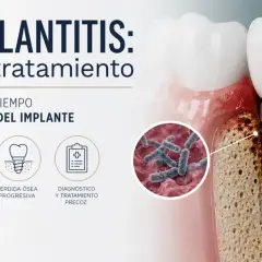 Ilustración de periimplantitis, mostrando la inflamación y pérdida ósea alrededor de un implante dental, indicando problemas comunes.