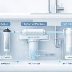 Schéma d'un osmoseur montrant les étapes de pré-filtration, filtration par membrane RO et post-filtration pour une eau pure.