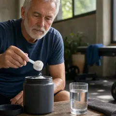 Uomo anziano prepara integratori, forse bcaa e creatina insieme, in palestra.