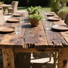 A rustic wood table with chairs set for a meal outdoors. The table's weathered planks and rough-hewn legs showcase what is rustic wood.